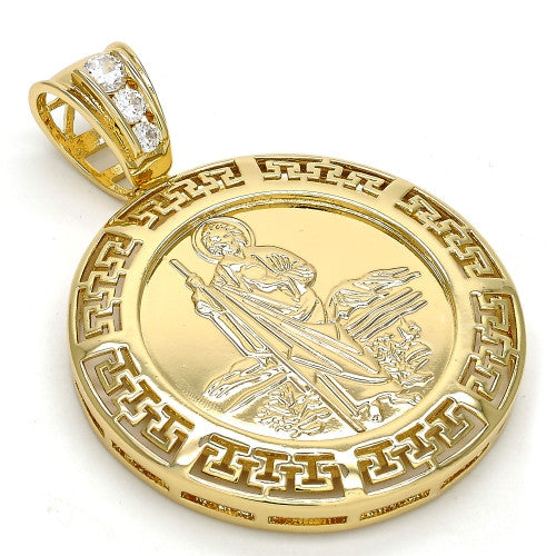 Gold Layered Religious Pendant, San Judas and Greek Key
