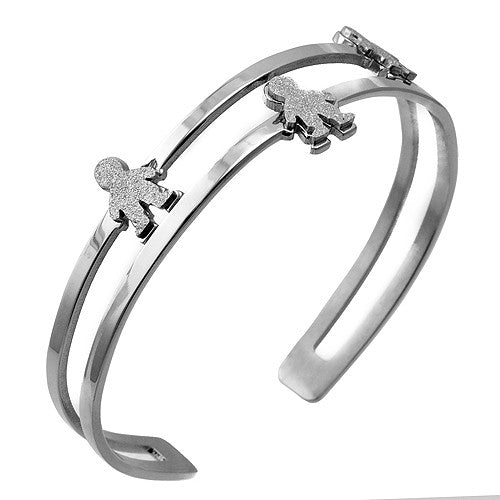 Stainless Steel Bangle w/ Three Boy/Girl Shaped Sandblast Figures