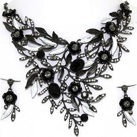 Necklace Earring Set Rhinestones Leaves Gray Blue