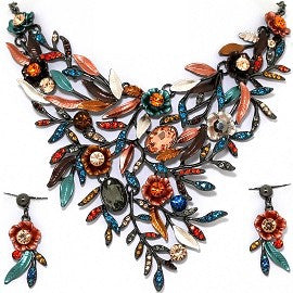 Necklace Earring Set Rhinestones Leaves Gray Blue