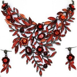 Necklace Earring Set Rhinestones Leaves Gray Blue