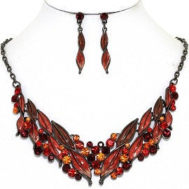 Necklace Earring Set Rhinestone Leaf Line
