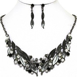 Necklace Earring Set Rhinestone Leaf Line