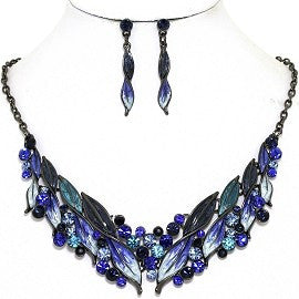 Necklace Earring Set Rhinestone Leaf Line
