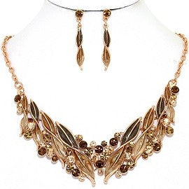 Necklace Earring Set Rhinestone Leaf Line