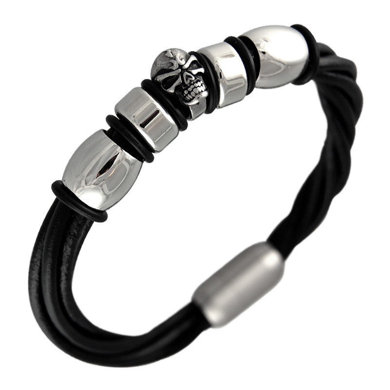 Braided Leather Cord Bracelet with Skull and Steel Charms