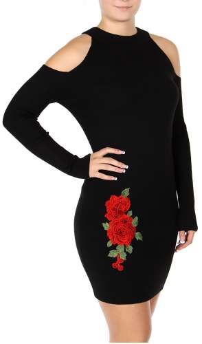 Cotton blend rose embroidered cold shoulder dress