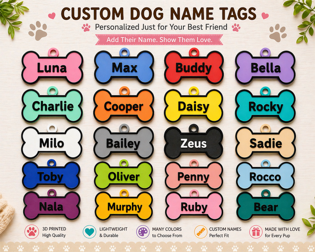 Personalized 3D Printed Dog Name Tags – 3 Sizes &amp; Multiple Colors