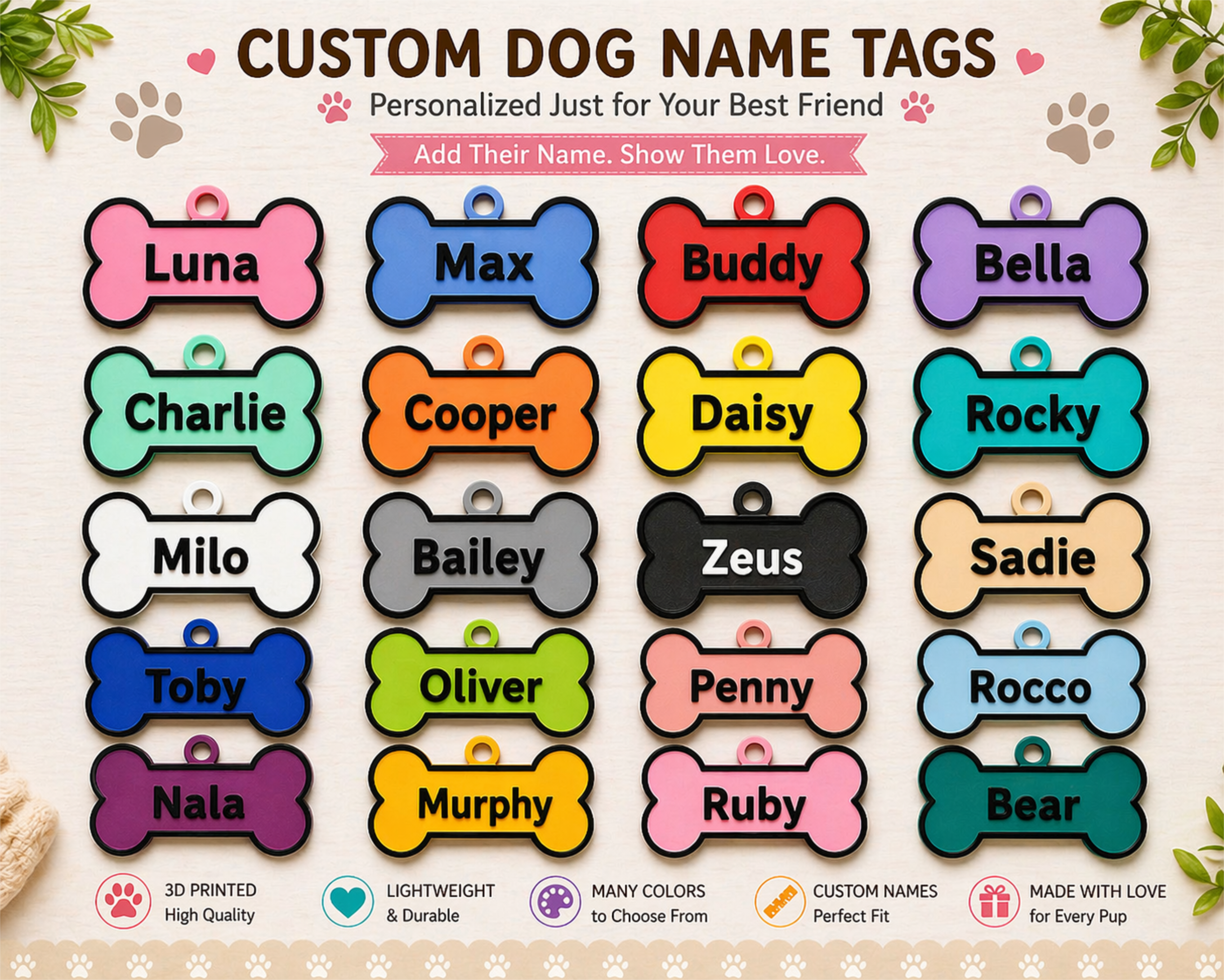 Personalized 3D Printed Dog Name Tags – 3 Sizes &amp; Multiple Colors