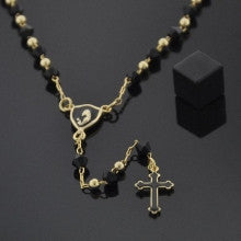 Gold Layered Thin Rosary, Virgen Maria and Cross Design, with Black Azavache, Black Polished Finish