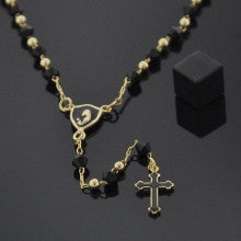 Gold Layered  Thin Rosary, Virgen Maria and Cross Design, with Black Azavache, Black Polished Finish
