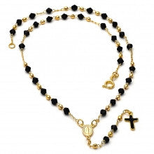 Gold Layered  Thin Rosary, Virgen Maria and Cross Design, with Black Azavache, Black Polished Finish