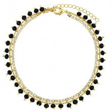 Brazilian Gold Layered  Charm Anklet, Disco and Ball Design, with White and Black Crystal and Black Azavache