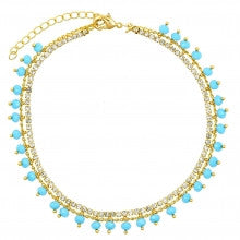 Gold Layered Charm Anklet, with White and Aquamarine Cubic Zirconia and Aquamarine Azavache, Turquoise