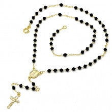 Gold Layered  Thin Rosary, Caridad del Cobre and Crucifix Design, with Black Azavache