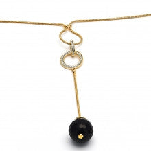 Gold Layered  Fancy Necklace, Disco Design, with White and Black Crystal and Black Azavache