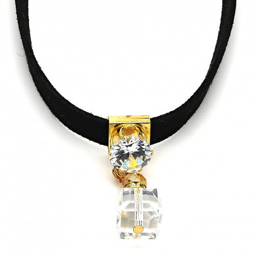 Gold Layered Fancy Necklace with White and White Cubic Zirconia and White Azavache