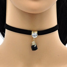 Gold Layered Fancy Necklace with White and Black Cubic Zirconia and Black Azavache