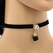 Gold Layered Fancy Necklace with White and Black Cubic Zirconia and Black Azavache