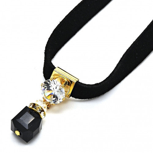 Gold Layered Fancy Necklace with White and Black Cubic Zirconia and Black Azavache