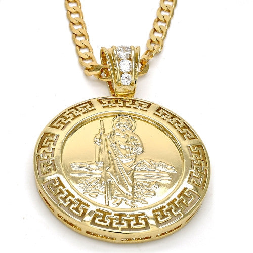 Gold Layered  Religious Pendant, San Judas and Greek Key
