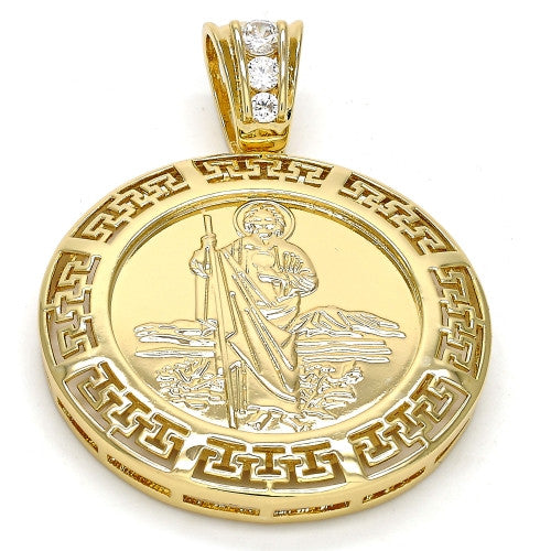 Gold Layered  Religious Pendant, San Judas and Greek Key