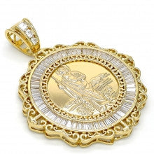 Gold Layered  Religious Pendant, San Judas and Greek Key