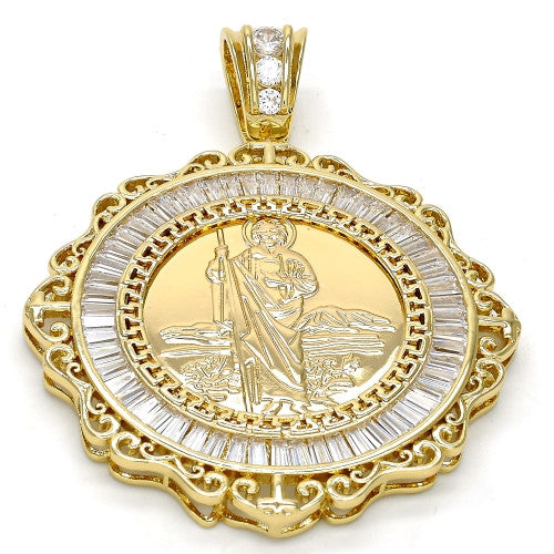 Gold Layered  Religious Pendant, San Judas and Greek Key
