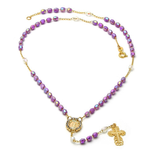 Gold Layered Thin Rosary, Guadalupe and Cross Design, with White Crystal, Purple Resin