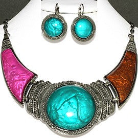 Necklace Earring Teal Magenta Brown Gray