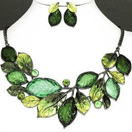 Necklace Earring Set Green Leaf Rhinestone