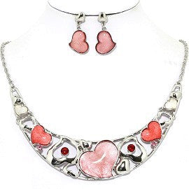 Necklace Earring Set Heart Silver Pink