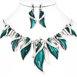 Curve Point Leaves Necklace Earring Set Silver Teal