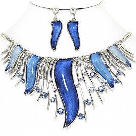 Curve Point Lines Necklace Earring Set Silver Blue