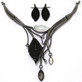 Necklace Earring Set Glass Leaf Gray Black