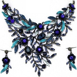 Necklace Earring Set Rhinestones Leaves Gray Blue