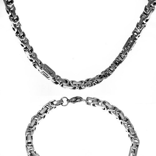 Stainless Steel Single Box byzantine and Greek Design Link Chain(24in.) and Bracelet (9in.) Set 5.5mm Wide