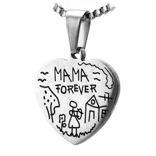 Stainless Steel Heart Mothers Pendant w/ Childs Sketch. (MAMA FOREVER)